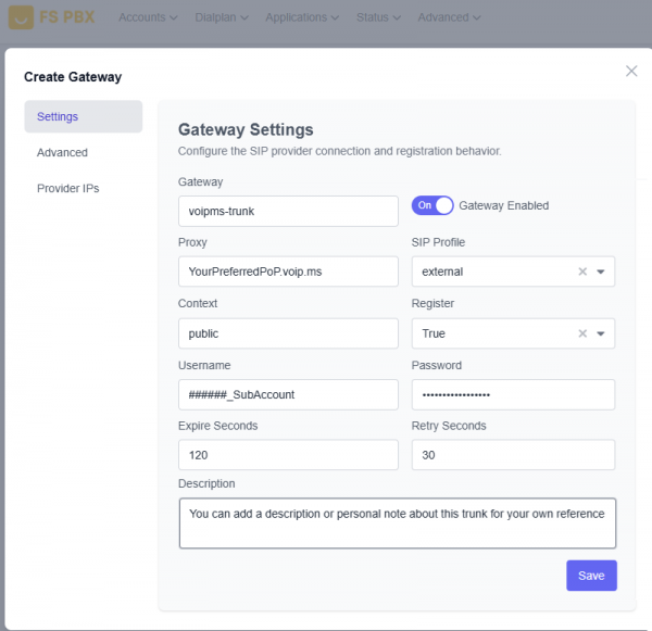 VoIP.ms Gateway configuration screen