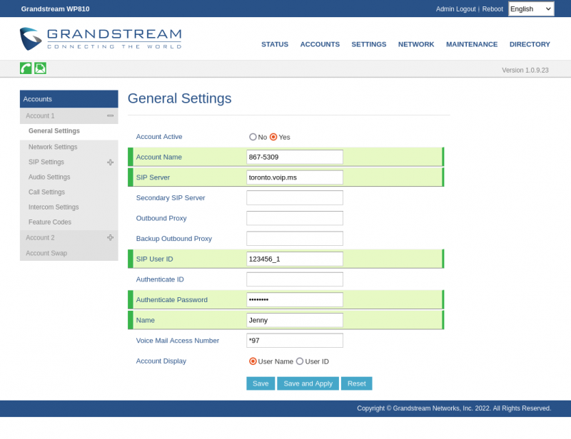 Account 1 - General Settings