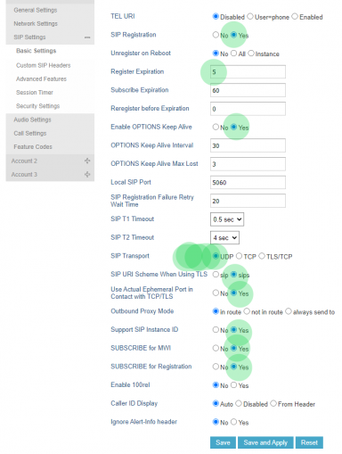 Screenshot of GXP1630 Basic SIP Settings page