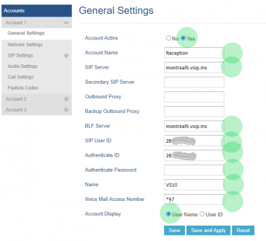 Screenshot of GXP1630 General Settings page