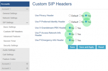 Screenshot of GXP1630 Custom SIP Headers page