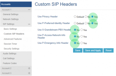 Screenshot of GXP1630 Custom SIP Headers page